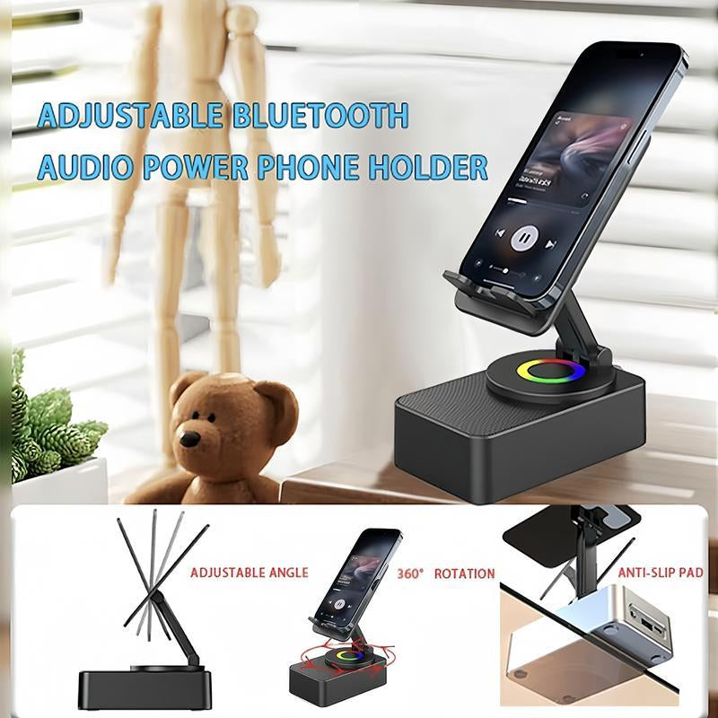 Wireless Audio Bluetooth Speaker 5In1 Phone Holder Emergency Rechargeable Withcolorful Ambient Light 300° Foldable for Tablet Iphone Android, Gifts for Men Women ,Black