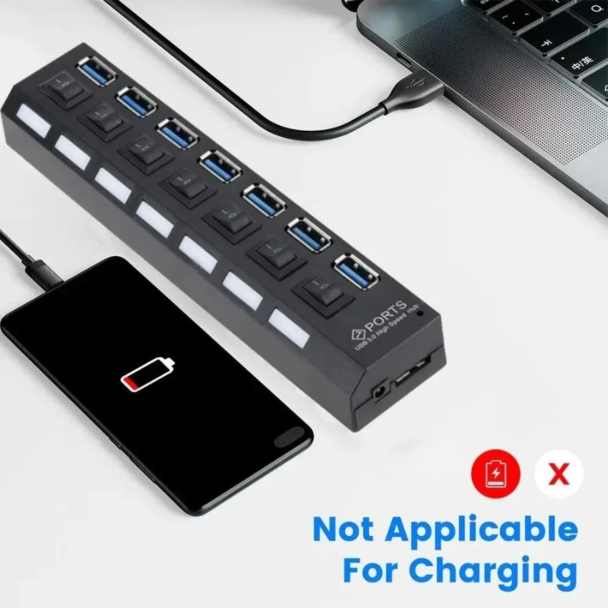USB HUB 3.0 2.0 Adapter Expander High Speed 7 Ports Multi USB Splitter Multiple USB Extender with LED Lamp Switch for PC Laptop