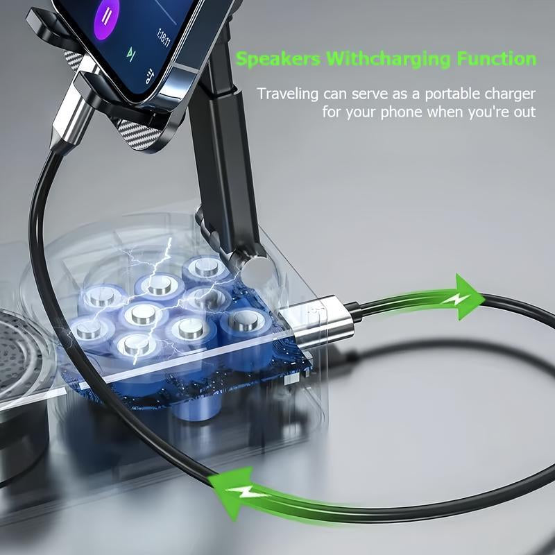 Wireless Audio Bluetooth Speaker 5In1 Phone Holder Emergency Rechargeable Withcolorful Ambient Light 300° Foldable for Tablet Iphone Android, Gifts for Men Women ,Black