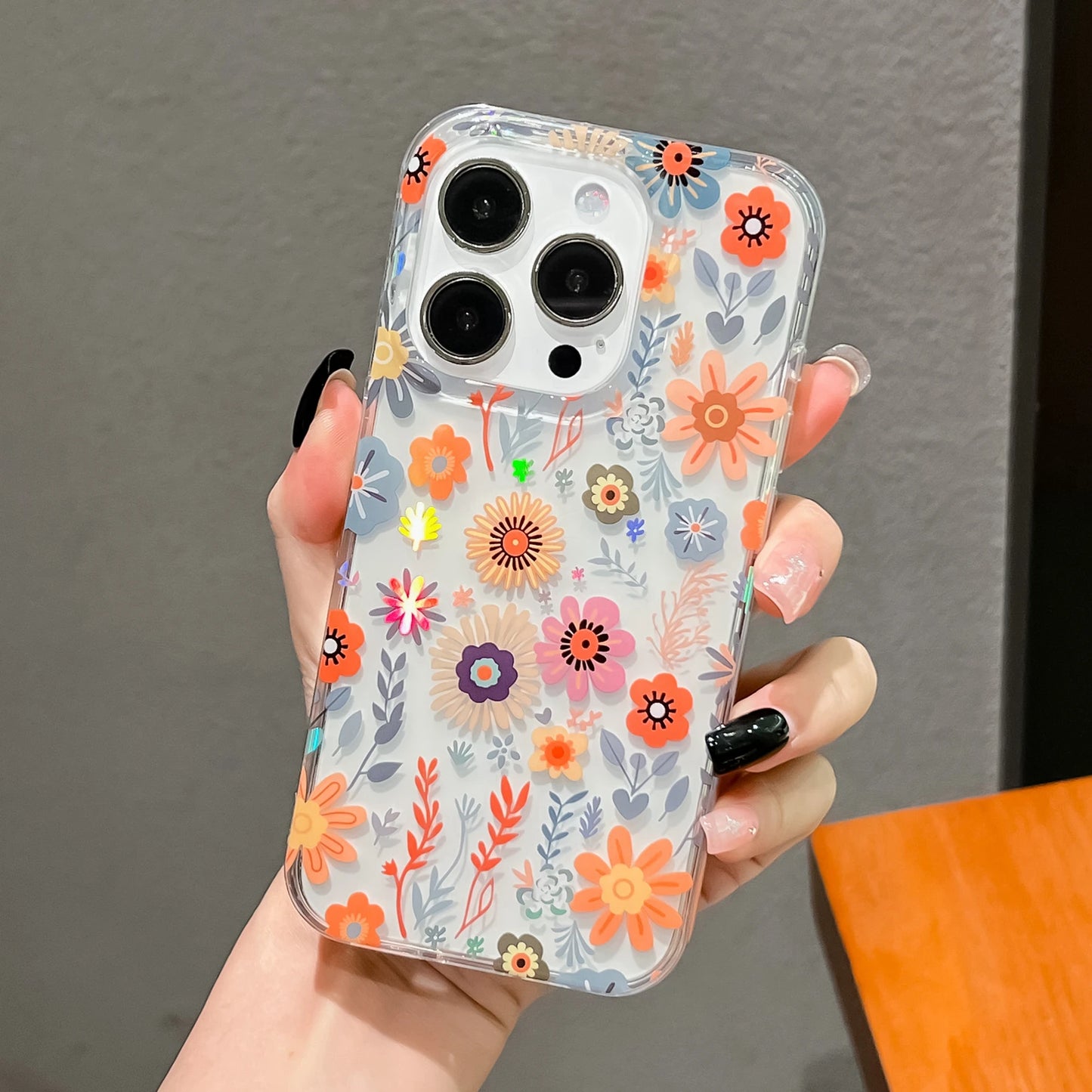 Luxury Laser Flower Painting Phone Case for Iphone 16 14 13 17 Air 15 Pro Max plus Shock Absorbing Bumper Crystal Clear Cover
