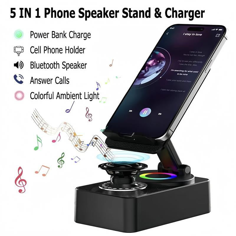 Wireless Audio Bluetooth Speaker 5In1 Phone Holder Emergency Rechargeable Withcolorful Ambient Light 300° Foldable for Tablet Iphone Android, Gifts for Men Women ,Black