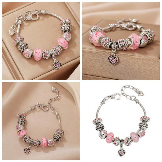 Pink Heart Pendant Bracelet Set for Women - Stylish Adjustable Serpentine Chain, Perfect for Daily Wear, Trendy Stackable Bangles, Ideal Valentine'S Day or Birthday Gift.
