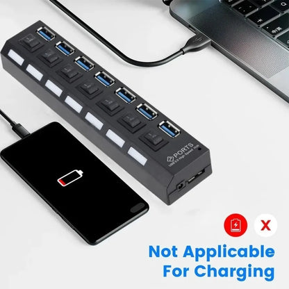 USB HUB 3.0 2.0 Adapter Expander High Speed 7 Ports Multi USB Splitter Multiple USB Extender with LED Lamp Switch for PC Laptop