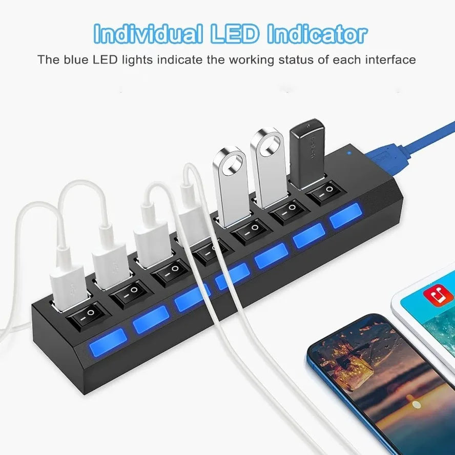 USB HUB 3.0 2.0 Adapter Expander High Speed 7 Ports Multi USB Splitter Multiple USB Extender with LED Lamp Switch for PC Laptop