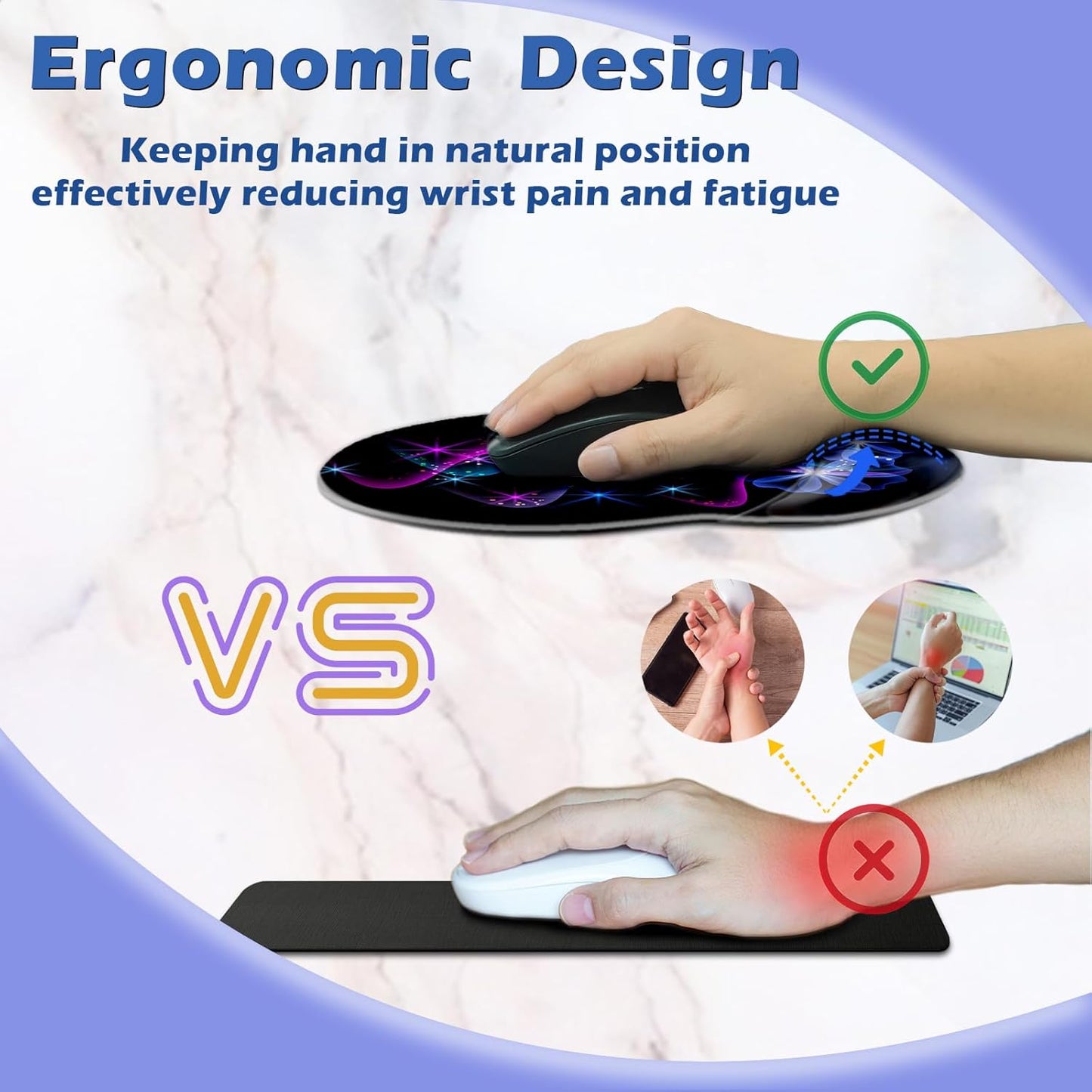 Ergonomic Wrist Rest Support, Gaming Mouse Pad 8.7 X 7.5 Inches for Computer, Laptop, Home, Office (Purple Blue Light)